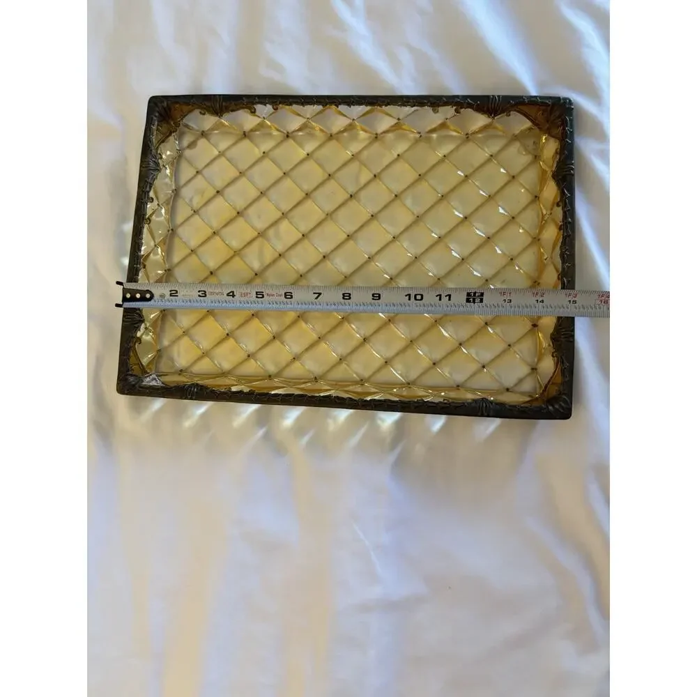 Quilted Pattern Bronze Tray Gold Brown Art Nouveau Vintage Inspired Amber Lucite